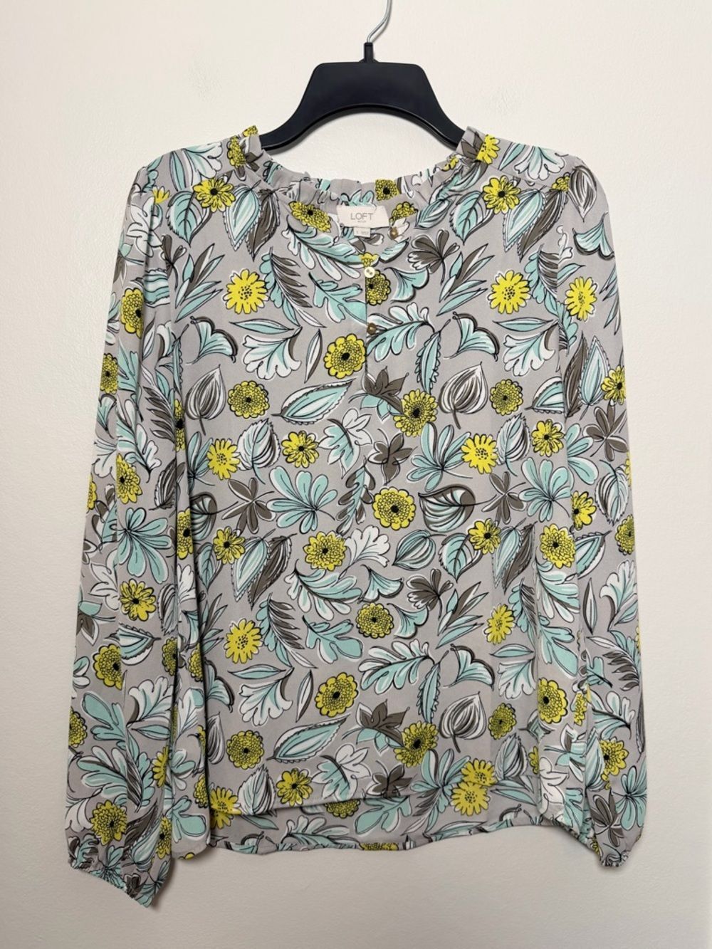LOFT Floral Long Sleeve Peasant Blouse Gray Mint Yellow Size Small